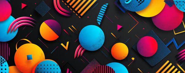 Black background with vibrant, abstract geometric shapes in bright colors.
