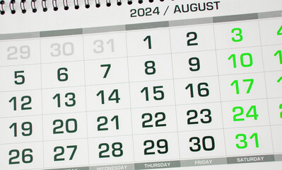 The page of the annual paper calendar for the month of August 2024