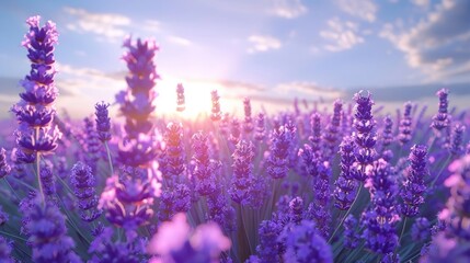 Fototapeta premium Lavender Fields in Bloom at Sunset with Soft Pastel Skies on a Tranquil Evening in Nature