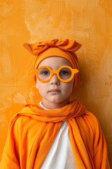 Stylish Child in Bright Orange Outfit and Matching Glasses Costume Dress Up