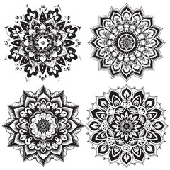 Beautiful Mandala design concept with set of flowers and petals isolated on black and white background