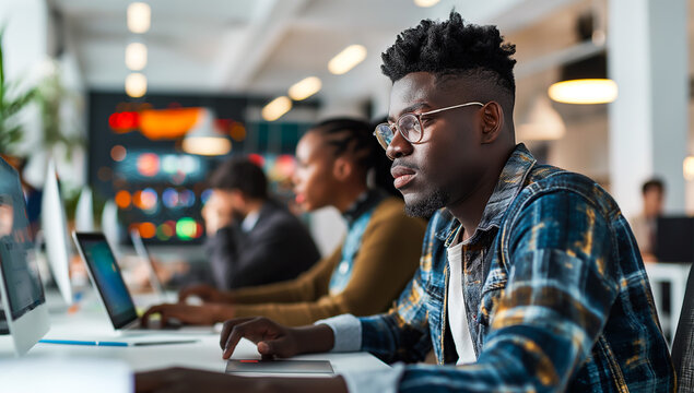 Young black man in wearing glasses using laptop in office. Successful black guy project manager sitting at workdesk at office, typing on laptop keyboard and smiling, chatting with clients,