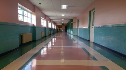 Fototapeta premium Empty school corridor with lockers and natural light, educational environment concept