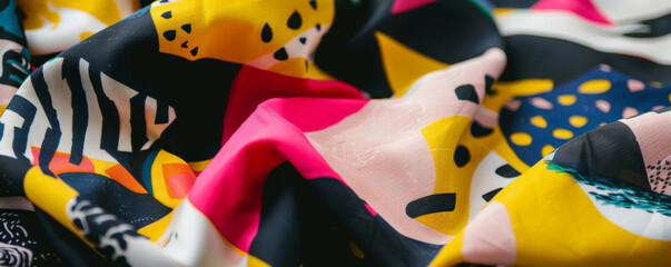 Fabric background with bold, abstract prints on polyester.