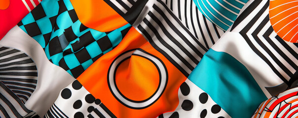 Fabric background with bold, geometric patterns on polyester.