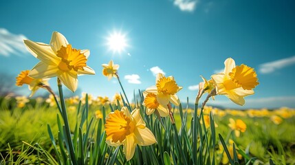 Obraz premium Sunny Day with Blooming Yellow Daffodils in a Serene Flower Field