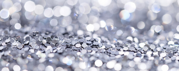 Fototapeta premium Fabric background with shimmering, metallic sequins in silver.