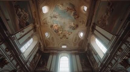 The inside of a large cathedral with many windows and a high ceiling