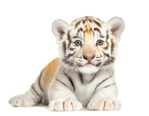 Fototapeta premium Albino Tiger baby auf vier beinen isoliert auf weißen Hintergrund, Freisteller 