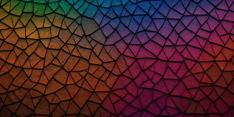 Bunte abstrakte Mosaikstruktur in einem Farbverlauf von grün zu blau und rot, mit einem komplexen, geometrischen Muster, das an gebrochene Glasstücke erinnert