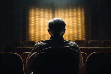 Back shot of an old person watching a classic television, shadowy room, reflective mood