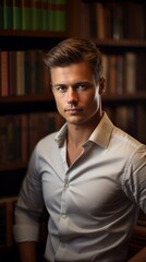 Fototapeta premium Close-up of a charming young teacher, bookshelf blurred behind, natural light, engaging gaze