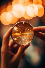 Close-up of a photographer's hand removing a protective lens filter, soft focus on fingers, warm light