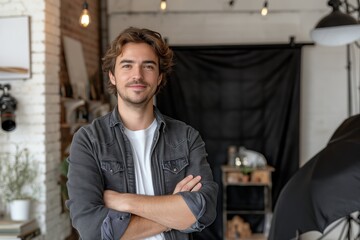 Fototapeta premium A fashionable male with curly hair wearing a jean jacket poses with folded arms in a well-equipped photography studio