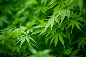 Fototapeta premium Lush green marijuana leaves, dense pattern, soft focus background, natural light, tranquil vibe