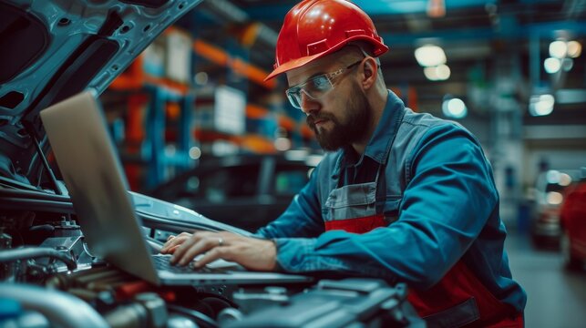 Mechanic technician with laptop on car engine diagnostics