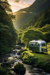 Small camper beside a babbling brook, lush green mountains backdrop, early morning light, serene