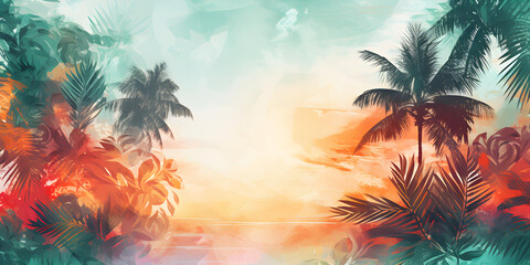 Abstract background with layered tropical elements and a mix of warm and cool tones