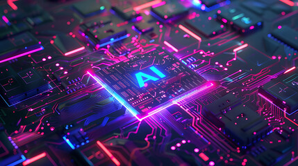 Fototapeta premium AI Processor Chip on Cyberpunk Circuit Board with Neon Accents