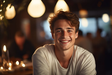 Fototapeta premium Young man smiling warmly, sitting in a cafe, soft bokeh background, cozy atmosphere, mid-shot