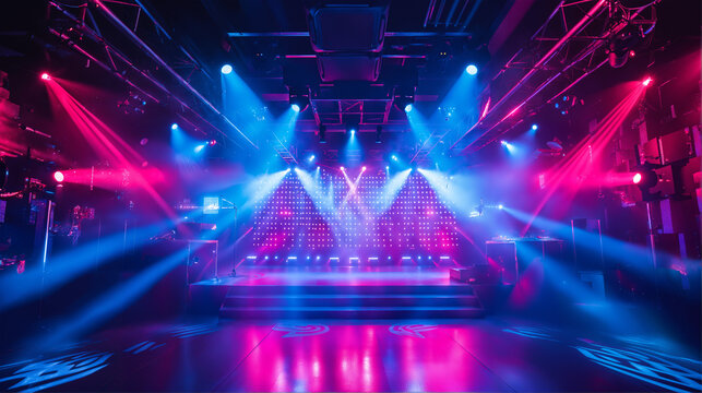 Vibrant Nightclub Music Festival Stage, Dynamic Lighting and Dance Floor, Party Atmosphere