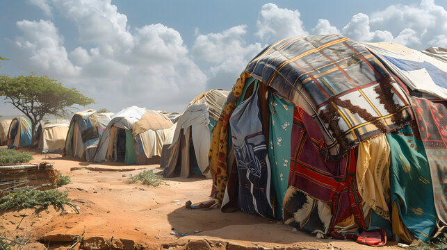 Casas hechas con telas en un campo de refugiados
