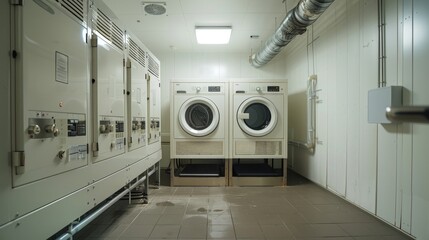 A laundry room with a row of dryers and a row of washers
