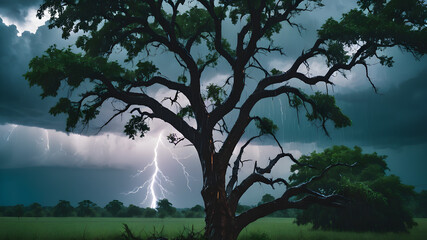  Flash of lightning on dark background. Cloud storm sky with thunderbolt over rural landscape.