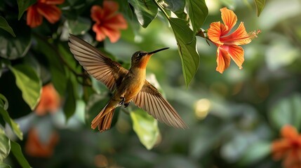 Fototapeta premium Hummingbird Hovers Near Vibrant Hibiscus Flower in Lush Greenery