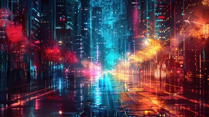 Fototapeta premium Futuristic digital abstract night city with neon glowing lights. generative AI image