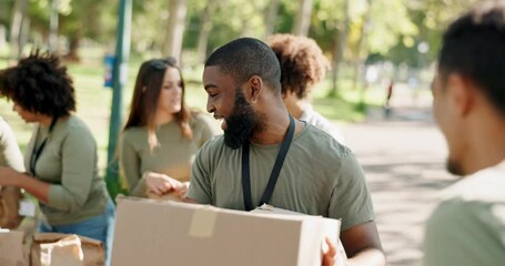 Park, volunteering and happy people with boxes in charity event for care, kindness or helping in nature. Community donation, carry and volunteers at ngo for food package distribution in group project