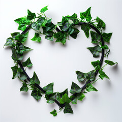 Naklejka premium A heart-shaped frame made of leaves, with green leaf elements inside the shape, placed on white paper, flat lay.Copy space.Trendy social mockup,creative advertise concept.
