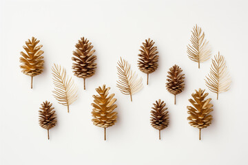 Golden Pine Cones and Leaves on White Background