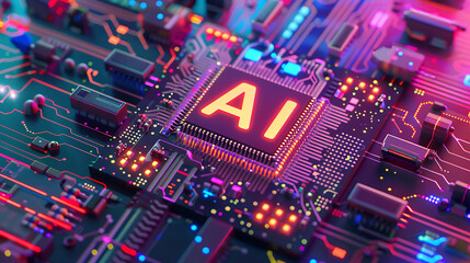 Obraz premium AI Processor on Futuristic Circuit Board with Orange LED Illumination