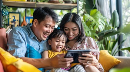 Obraz premium Happy Thai Family Managing Finances Together with a Budgeting App on Tablet in Colorful Living Room