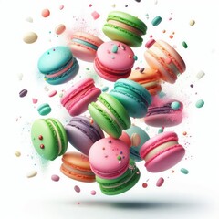 Colorful macarons floating on the air isolated on a white background