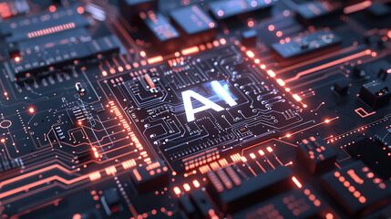 AI Processor on Futuristic Circuit Board with Orange LED Illumination