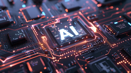 Obraz premium AI Microprocessor on Advanced Circuit Board with LED Illumination