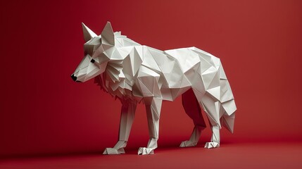 Origami Wolf Art: Geometric Paper Sculpture on Red Background