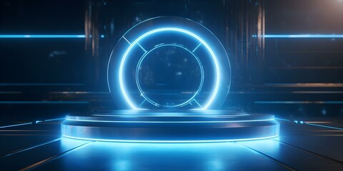 Fototapeta premium Futuristic blue hologram portal with magic circle teleportation podium and abstract design. Concept Sci-fi, Blue Hologram, Portal, Teleportation, Abstract