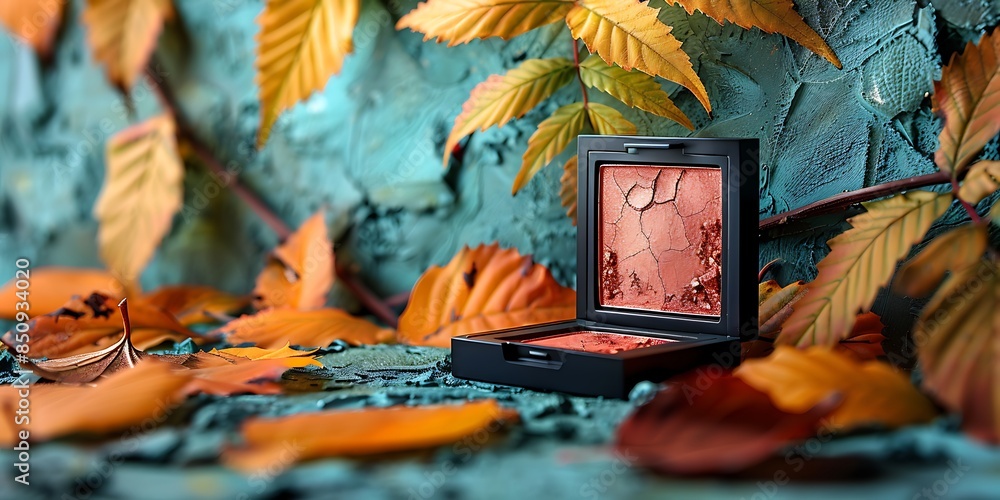 Wall mural A makeup palette with a cracked powder surface sits amidst a vibrant arrangement of autumn leaves, showcasing a blend of warm and cool tones.