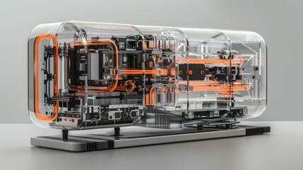 A computer case is made of clear plastic and has orange wires coming out of it