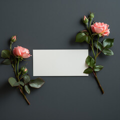 Fototapeta premium A white card with pink roses and green leaves on the edges, lying flat against a dark gray background. Copy space.Minimal creative advertise concept.Flat lay