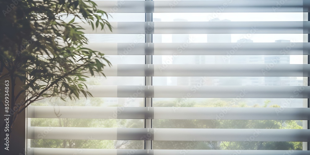 Poster automated blinds and curtains on large window for privacy in room. concept home automation, privacy 