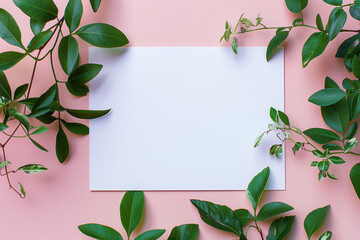 Naklejka premium A white card with plant branches growing on it lies flat against a pink background in the style of mockup photography.