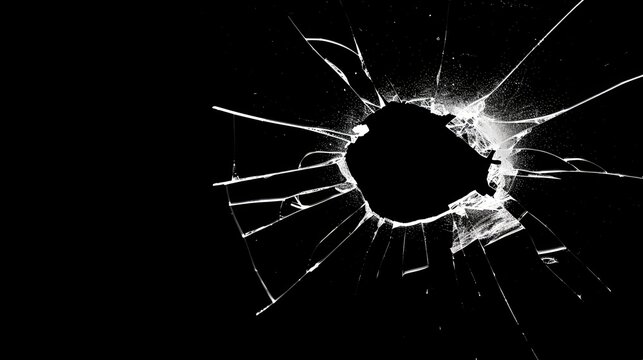 Broken glass on a dark background. After the impact, the glass surface has cracks diverging from the point of impact or bullet hit. The concept of destruction, vulnerability and fragility of existence