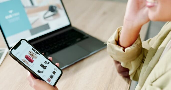 Phone screen, woman and online shopping with notification of successful order, payment and fashion receipt. Happy customer on mobile app for clothes fintech, ecommerce and user experience at home