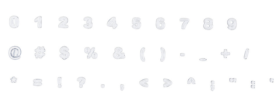 Number glass 3d set. Transparent balloons in the form of numbers from 0 to 9. Glossy transparent inflatable balloon numbers and sign isolated on transparent background. 3D render, png