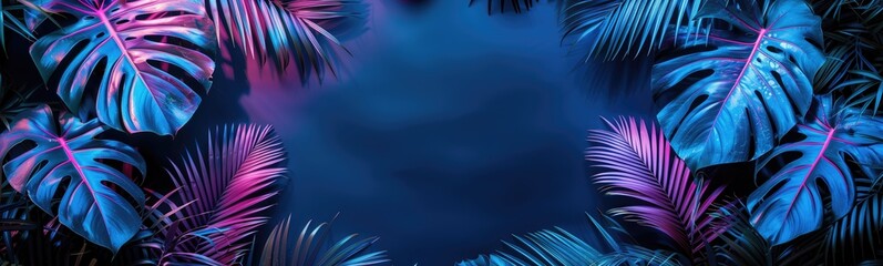 Obraz premium Vibrant Tropical Leaves: Neon Colors and Dark Background for Modern Nature Art