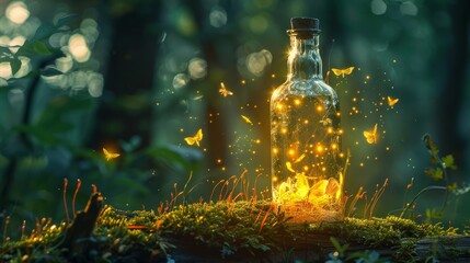 Enchanted Forest Bottle Glowing with Magical Lights in Nature